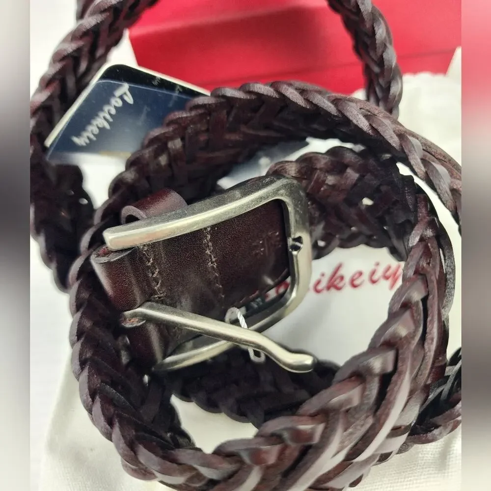 New Locikeiy Brown Men's Braided Belt Casual‎ Silver Buckle Gift Box NWT Size 44